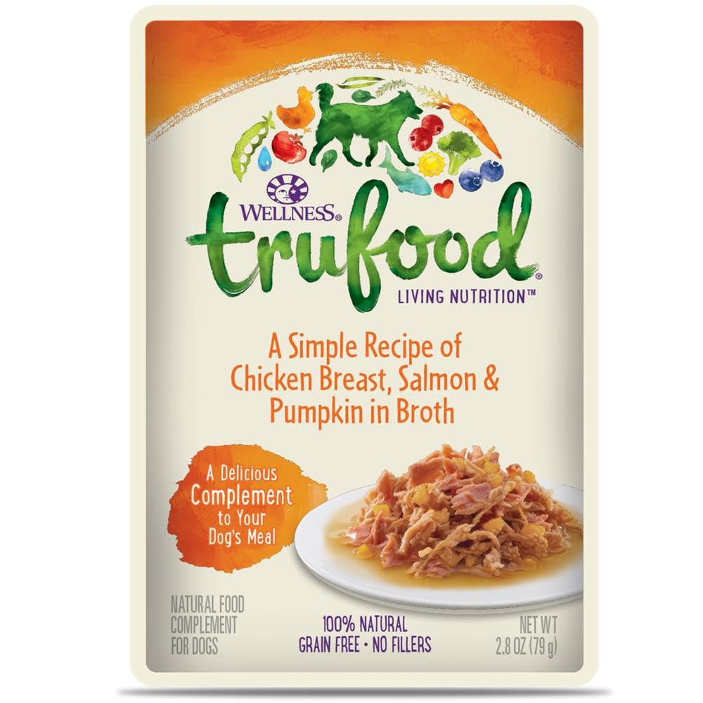 "BUY 3 GET 1 FREE: Wellness TruFood Meal Complements Chicken Breast, Salmon & Pumpkin Pouch Dog Food 2.8oz"
